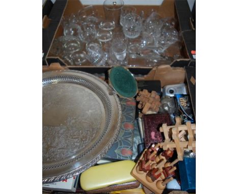 Three boxes of china, glassware and sundries to include; silver plated tray, silver plated dwarf candlesticks, Carltonware Ro