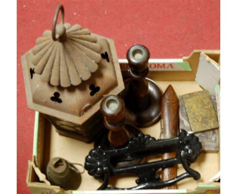 Box of miscellaneous items to include hanging lantern, pair of turned oak candlesticks, and door knocker etc