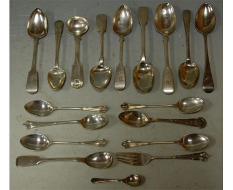 A quantity of principally early 19th century silver teaspoons, mustard, pickle fork etc, gross weight 8.2oz 