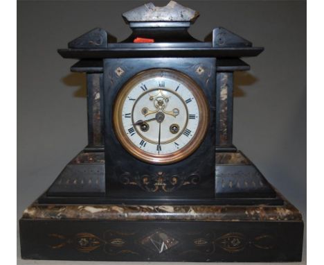 A circa 1900 marble and slate architectural mantel  clock 
