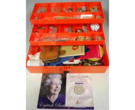 A plastic toolbox and contents to include various British and world coins, plated fob watch, etc