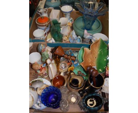 two boxes of mixed china and sundries to include; Hummel style figures, Royal Winton leaf plate, Dartmouth gargle jug, large 