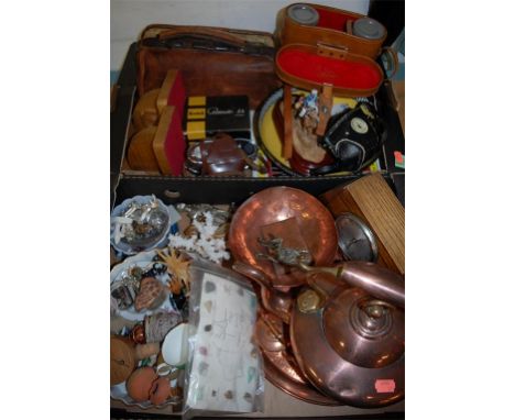 Two boxes of miscellaneous wares to include; copper range kettle, 1930s oak mantel clock, cased field binoculars etc 