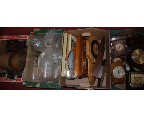 Four boxes of mantel and wall clocks, glass domes etc 