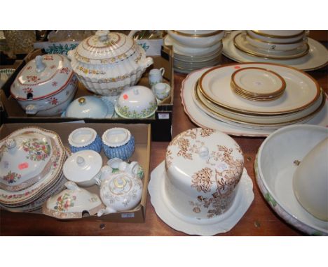 A quantity of 19th century and later table china to include; meat plates, soup tureens, Crown Devon cheese dish etc 