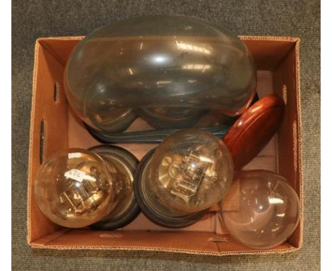 A Victorian oil lamp with etched glass shade together with a large quantity of oil lamp funnels, two anniversary clocks under