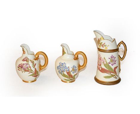 Three Royal Worcester blush ivory jugs, two shape number 1094, 14cm, the other 18cm, (3)