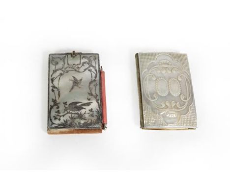 Two Victorian Mother-of-Pearl Aide Memoire, each oblong, one carved with two beaded cartouches on the cover, the back plain, 