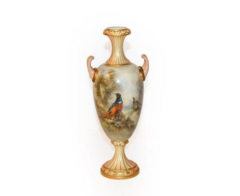 A Royal Worcester vase painted by James Stinton, decorated with pheasants, 22cm high (restored)