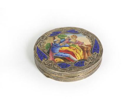 A Continental Silver and Enamel Compact, Stamped '800' Only, Possibly Italian, circular, the hinged cover decorated with an e