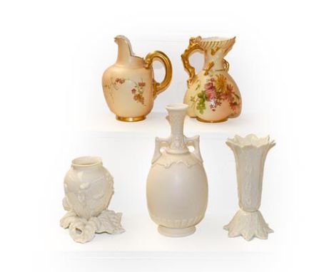 Two Royal Worcester blush ware ewers, together with three white glazed Royal Worcester vases (one tray)