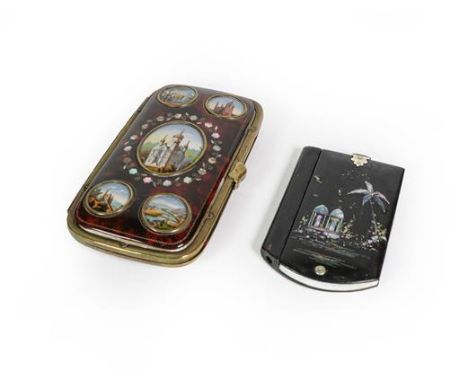 A Victorian Papier Mache Aide Memoire and a Brass-Mounted Faux Tortoiseshell Cheroot case, the cover of the first pivots to r