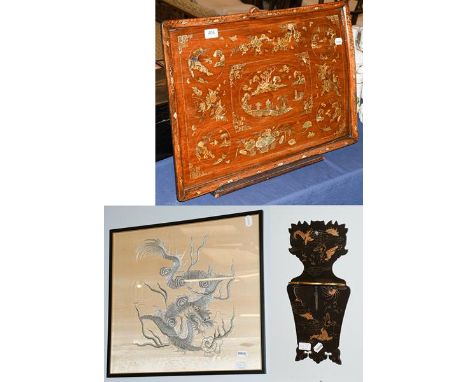 A Chinese hardwood serving tray with mother-of-pearl inlay depicting traditional landscapes amidst blossoms and peonies, on s