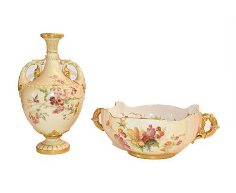 A Royal Worcester blush ivory twin-handled vase, shape number 1683, 27cm, together with a Royal Worcester blush ivory twin ha