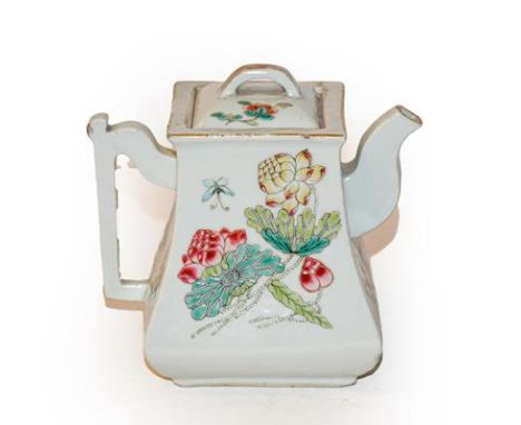 A 19th century Chinese teapot of square baluster form, decorated with a bird amongst blossoms, 13.5cm high.  The cover with o