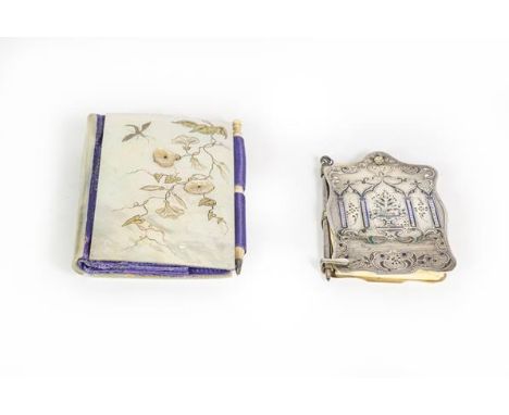 A Victorian Silver and Enamel Aide Memoire and a Victorian Mother-of-pearl Aide Memoire, the first shaped oblong, the covers 