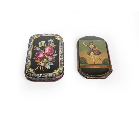 Two Victorian Papier Mache Cheroot-Cases, each shaped oblong, one painted on one side with a lady dancing, the other side pai