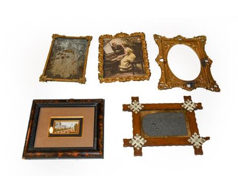 A Baxter print needlebox cover of Crystal Palace, framed; four various gilt frames (5)