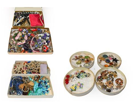 A quantity of jewellery including an RAF brooch, stamped '9CT'; a filigree pearl brooch; ceramic jewellery; a blue stone spid