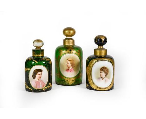 Three Differing Green Glass Scent-Bottles, each cylindrical and with gilt heightened decoration, each with a painted portrait
