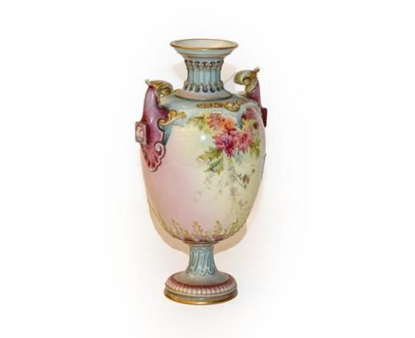 A Royal Worcester floral painted twin-handled vase, shape no - 1618, bearing puce marks, 23cm 
