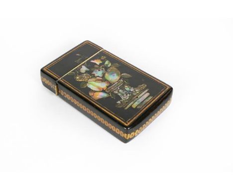 A Victorian Papier Mache Cheroot-Case, oblong, one side painted with a woman and child in a forested landscape, the other app