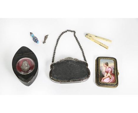 A Collection of Items, comprising: a carved composition snuff-box, the hinged cover set with a portrait bust, 11cm wide; a br