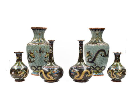 A pair Chinese of cloisonne vases, turquoise ground decorated with dragons chasing a flaming pearl, 30cm, together with two s