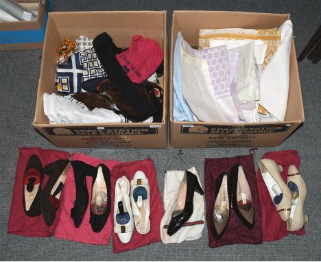 Nine pairs of ladies shoes, by Bruno Magli, Ferragamo, Gucci etc, together with belts, Celine and other silk squares, two min