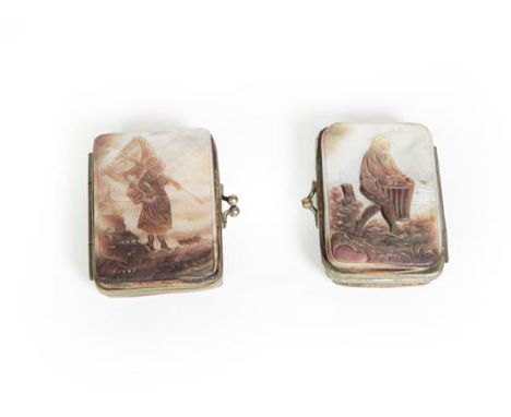 Two Belgian Metal-Mounted Mother-of-Pearl Purses, each oblong, the cover of each with a mother-of-pearl panel carved with a f