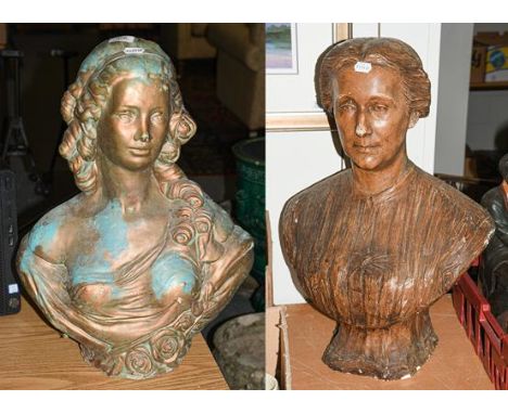 An early 20th century plaster head and shoulders portrait bust of a lady, with added detail, 66cm high,  together with a cast