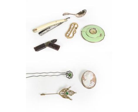 Eight Various Items, including: a George III Silver Fiddle, Thread and Shell pattern caddy-spoon; a green enameled metal comp