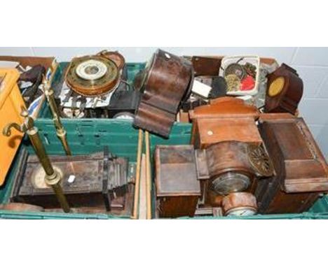 A quantity of mantel clocks and aneroid barometers, including a mahogany inlaid mantel clock, mantel timepiece with movement 