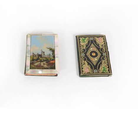 A Victorian Mother-of-Pearl and Papier Mache Aide Memoire, oblong, the cover with a reverse painted glass depiction of Windso