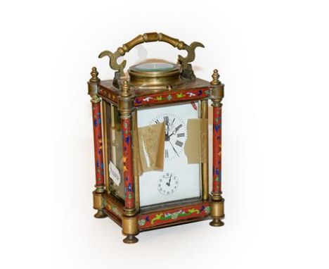 A 20th century brass and enamel centre seconds striking alarm carriage clock