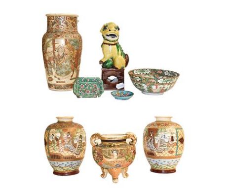 Various Chinese and Japanese ceramics including temple lion, Satsuma vase etc, with two enamel dishes (8)