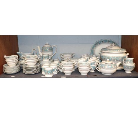 A Wedgwood Florentine W2714 tea/coffee/dinner service, including large tureen, cover (Cracked) and stand, oval meat plate, ei