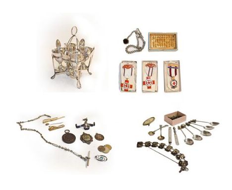 Assorted jewellery, collectables and silver plate including miniature abacus, Victorian silver Albert watch chain with rotati