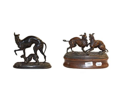 After Piere Jules Mene, two spelter groups of playing whippets, one with a turtle in the foreground, 26cm high, the other 27c