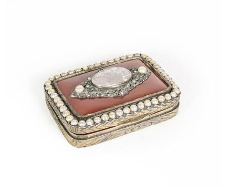 A Gilt-Metal Snuff-Box, oblong, the hinged cover set with an agate panel and with a 'pearl' set border, the sides and base en