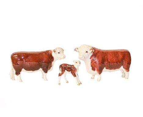 Beswick Cattle Comprising: Hereford Bull, First Version, model No. 1363A, Hereford Cow, model No. 1360 and Hereford Calf, mod