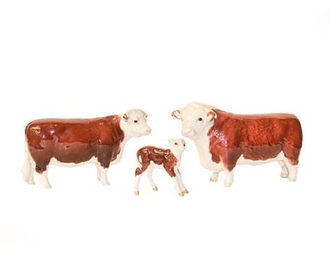 Beswick Cattle Comprising: Hereford Bull, First Version, model No. 1363A, Hereford Cow, model No. 1360 and Hereford Calf, mod