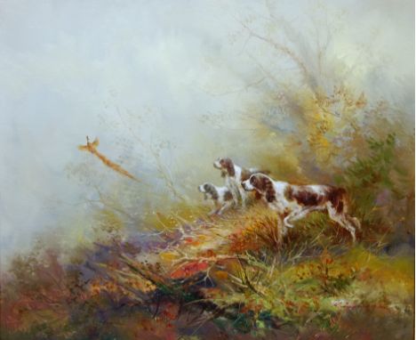 Spaniels Hunting Pheasants, oil on canvas indistinctly signed 50cm x 60cm   Condition Report   Click here for further images,