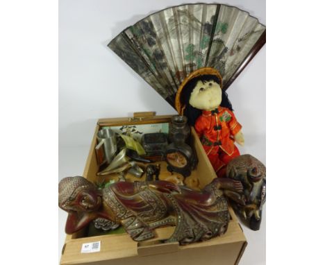 White metal mirror stamped 900, carved stone seal, coloured glass vase and box, Rice Paddy doll, hand painted Chinese fan and