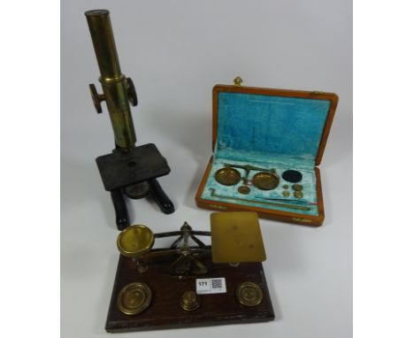 Set of brass postal scales, set of portable scales and an E. Leitz Wetzlar microscope (3)   Condition Report   Click here for