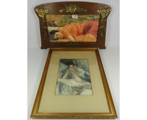 Art Nouveau oak picture fame with brass detail and a 19th/ early 20th Century colour print (2)   Condition Report   Click her