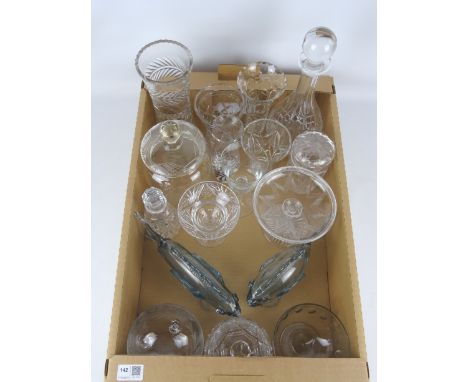 Caithness vase with brown decoration, two clear glass fish, cut glass including decanter, biscuit barrel vases etc in one box