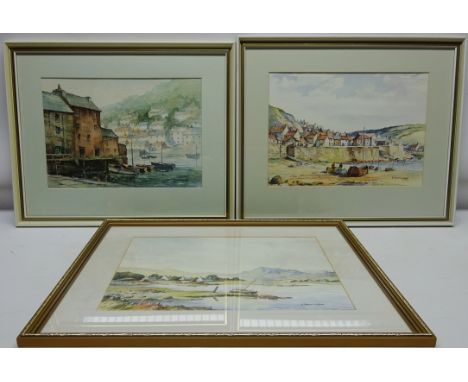 'Cornish Harbour', 'Sea and Water' and Village Seascape Scene, three watercolours signed by Chris Hammond 27cm x 37cm (3)   C