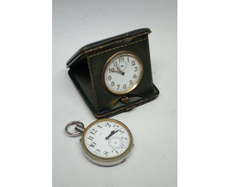 Travelling clock in leather case, P E Bishop pocket watch in travel case and a case (3)  CLOCKS & BAROMETERS - as we are not 