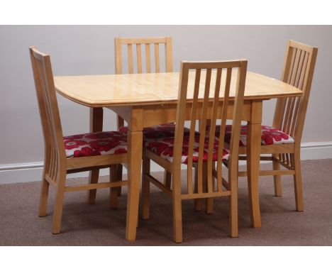 Light wood square extending dining table with foldout leaf (80cm x 90cm - 130cm (extended)), and four chairs